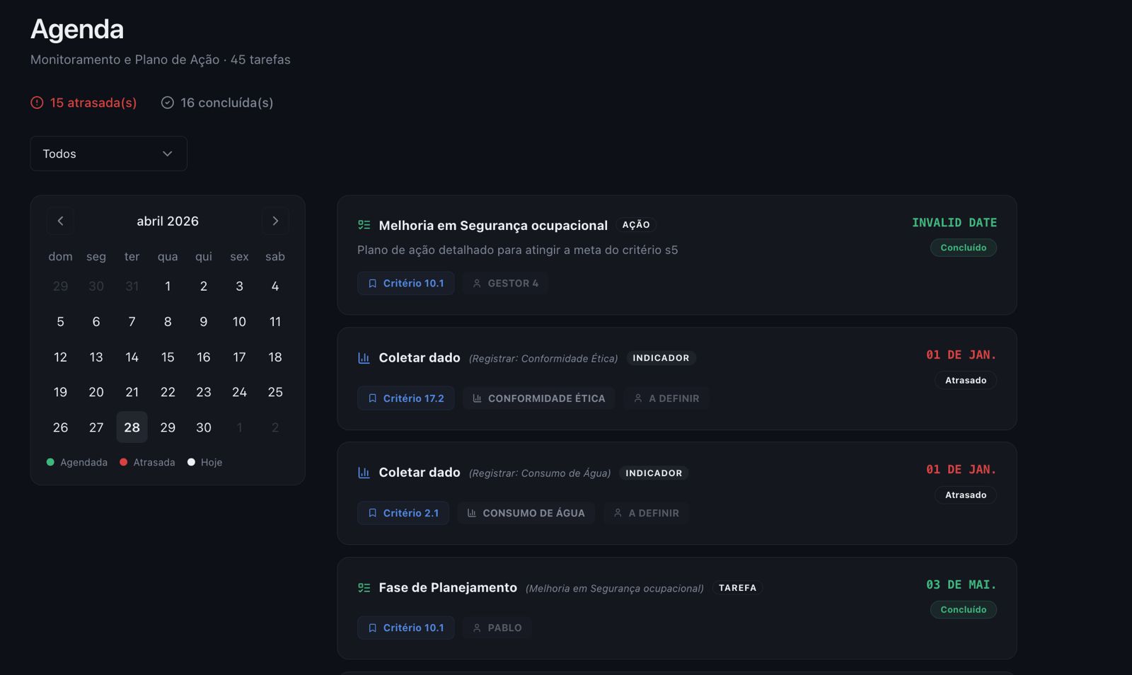 Tela da funcionalidade Plano de Ação Colaborativo